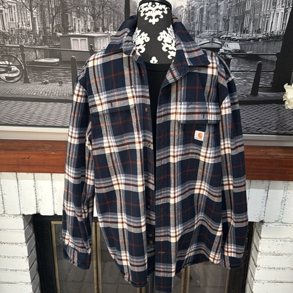 Carhartt Men’s Shirt Jacket Button Loose Fit Flannel Sherpa Plaid Blue Large